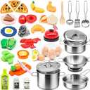 Kids Pretend Play Kitchen Accessories Set, 38Pcs Stainless Steel Play Pots Pans Sets for Kids, Toy Cookware Cooking Utensils Play Food Dish Toddler Kitchen Playset Gifts for Boys Girls