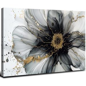 Black and White Gold Abstract Wall Art Modern Wall Decor Marble Flower Fluid Picture Canvas Prints for Bathroom Living Room Watercolor Minimalist Abstracted Painting Artwork Home Decoration 16x24