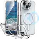 IDweel for iPhone 14 Case with Screen Protector & Camera Lens Protector,Compatible with MagSafe,Built-in Camera Stash Stand,Magnetic Hard Back Soft Edge Anti-Fingerprint Flexible Cover,Clear