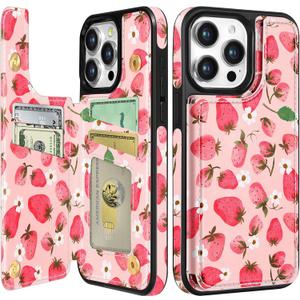 for iPhone 15 Pro Max Wallet Case with Card Holder, Designer Strawberry Pattern Kickstand Magnetic Clasp Back Flip Folio Leather Phone Cases for iPhone 15 Promax for Women Men Girls (Pk Strawberry Flower)