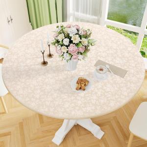 Smiry Round Picnic Tablecloth, Elastic Waterproof Fitted Heavy Duty Vinyl Tablecloths for 25"-30" Tables, Wipeable Washable Table Cover for Kitchen, Dining, Camping, Outdoor, Beige