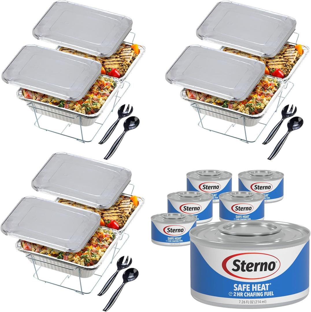 Sterno Disposable Chafing Dish Buffet Set for Large Parties & Catering, 2-Hour Chafer Fuel, Food Warmers & Warming Trays, Complete Buffet Set (30 Pieces)