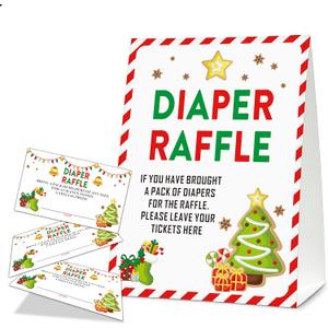 Christmas Diaper Raffle Game Sign and Card, Christmas Shower Party Game Set, 1 Sign with 50 Raffle Tickets LK-015