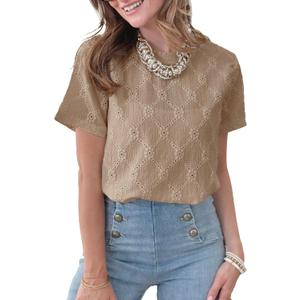 Dokotoo Women's Tops Casual Scoop Neck Short Sleeve Eyelet Embroidered Hollow Out Blouses Shirts (XL)