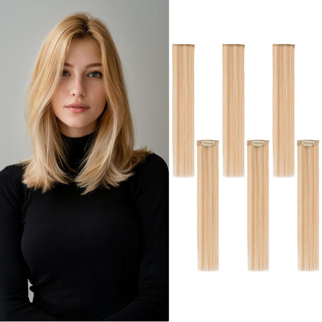 6PCS Clip in Hair Extensions Real Human Hair Short Clip in Extensions for Women Short Straight Hairpieces to Add Volume and Highlights 10 Inch Ash Blonde & Bleach Blonde
