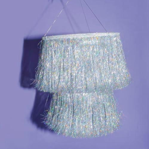 xo, Fetti Fringe Tinsel Chandelier - Iridescent Silver Foil, 16" | Bachelorette Party Decorations, Birthday Photo Booth Supplies, New Years Eve Decor, HBD