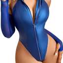 OYOANGLE Women's PU Leather Bodysuit Halter One Piece Body Suit Clubwear | Arm Sleeves,Zipper Up，Deep V Neck,Going Out Outfits,Bodycon Leotard Jumpsuit,Party Rave Outfits, Royal Blue, Large 