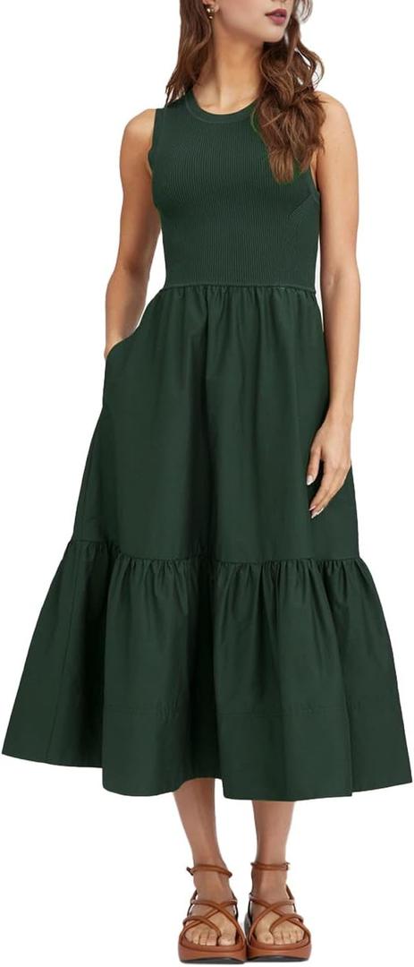 ROYLAMP Women Casual Loose Sundress Sleeveless Smocked Tank Maxi Dress Summer Beach Tiered Long Dresses M