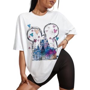 Flafens Oversized Tshirts for Women - T Shirt Graphic Tees Loose Crewneck Pattern Sleeve Cute Print Fashion Summer Tops Cool Girly Design Teen Girls, XX-Large, Castle