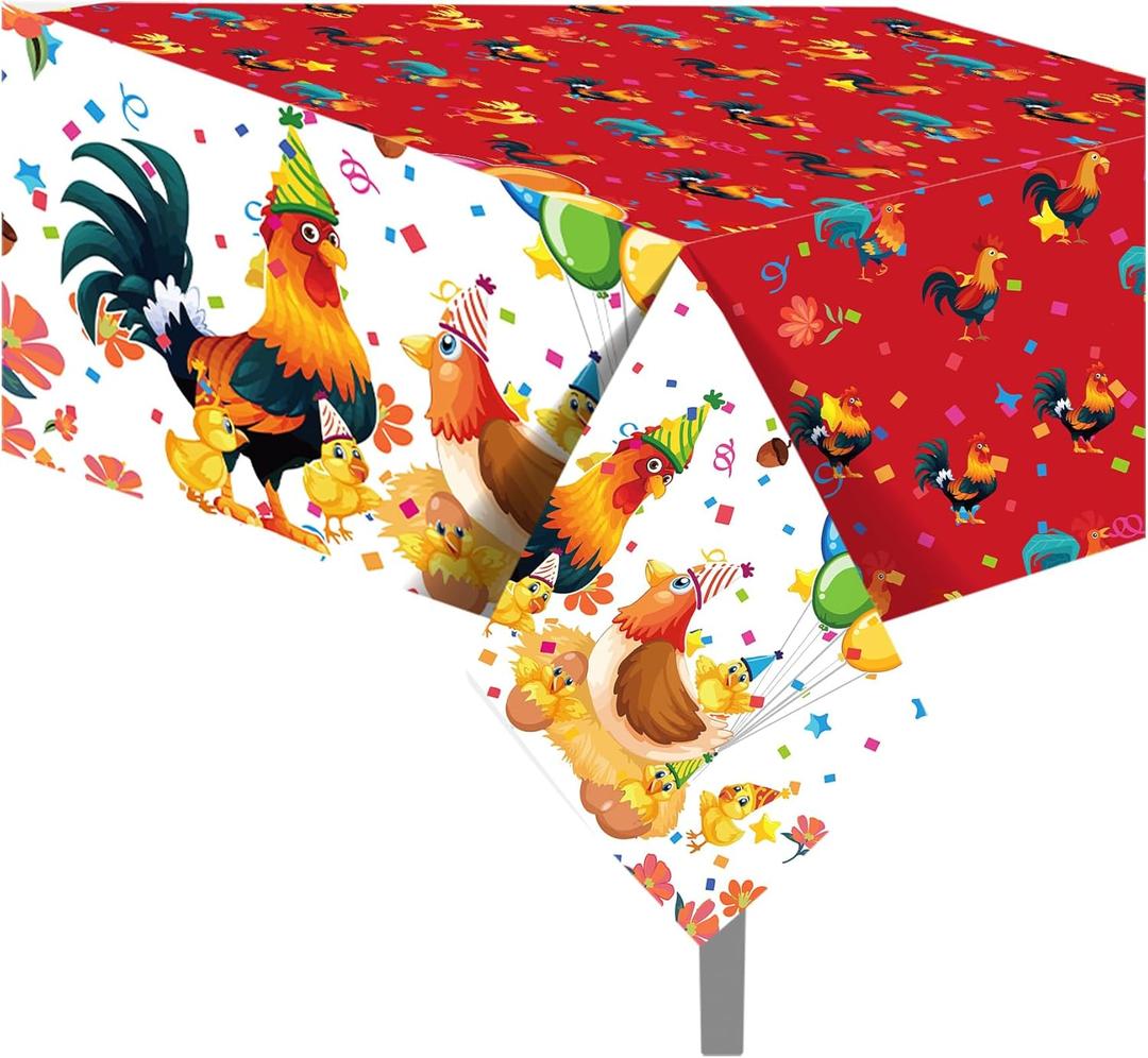 2-Pack Watercolor Rooster Party Tablecloths  54x87 Inch Hen Rooster Disposable Party Decor for Farm Rooster-Themed Girl Boy Birthdays, Camping, & Outdoor Celebrations