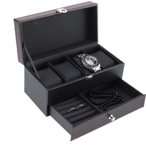 NovelBee Double-Layer 4 Slots Watch Boxes with 2 Grids Jewelry Display Organizer Case for Women and Men Watch Jewelry Earring Rings Bracelets Storage (Black)