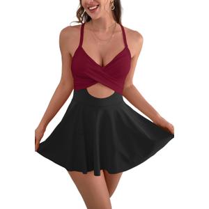 B2prity Women Cutout One Piece Skirt Swimsuit V Neck Wrap Tie Back Swimdress Tummy Control Bathing Suits (Medium, Red-4)