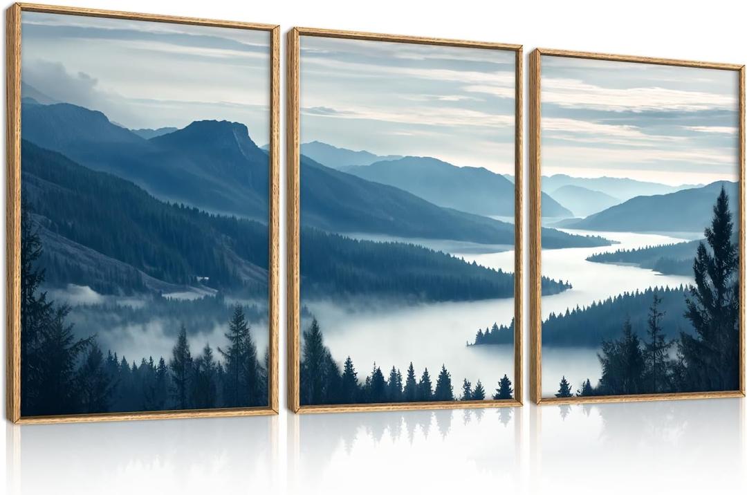 Large Pine Tree Mountain River Framed Canvas Wall Art Set,Misty Blue Grey Forest Landscape Wall Decor,Modern Foggy Woodland Lake Artwork for Living Room,Bedroom,office-24 x36 x3
