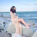Saslax Soft Stretchy Lace Off Shoulder Doubly Split A-line Skirt Maternity Dress Pregnancy Maxi Gown for Photoshoot (Beige, L)