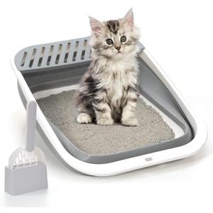 Foldable Cat Litter Box, Large Height-Adjustable Anti-Splash Open Air Kitty Litter Pan, Easy Clean with Scoop (Gray)