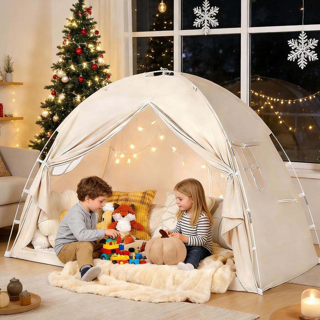 Bed Tent Twin Size - Privacy Sleeping Space with Blackout Design, Breathable Portable Indoor Floor Bed Tent for Toddler Transition Cottage Drafty Room Floor use (Beige)