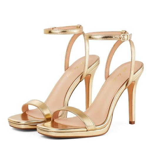 Elisabet Tang Women’s Stilettos Heeled Sandals Open Square Toe Heels, 4.3 Inch Open Toe Strappy Sexy High Heels Ankle Strap Buckle Heels for Party Wedding Dress Daily Wear Shoes Gold, Size 6