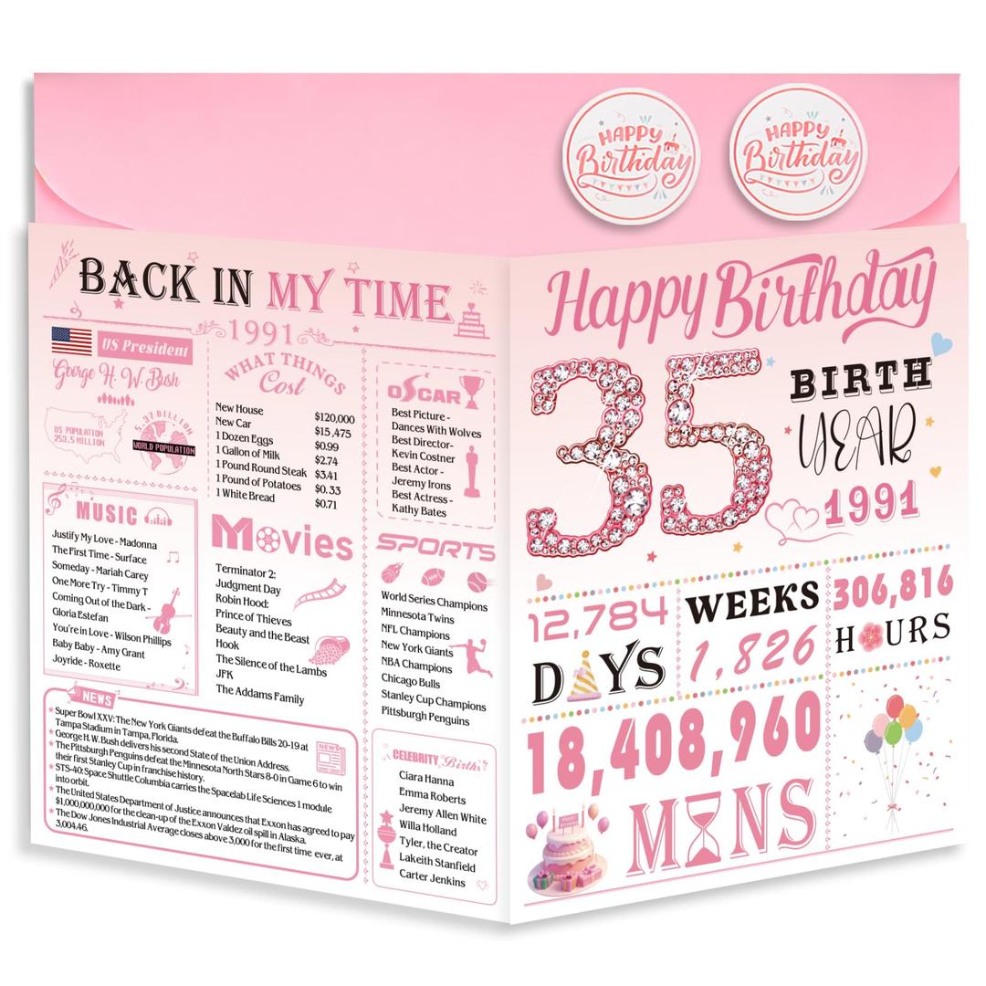 35th Birthday Card for Women, 35th Birthday Decoration, Sweet Funny 35 Year Old Birthday Gifts Idea, Greeting Cards for Wife Mother Aunt Daughter Friend Sister Mon Her, Jumbo Back In 1991 Pink, Pack Of 5