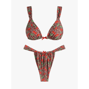 ZAFUL Bikini Sets for Women Triangle Bow Decor Ruffle Straps Lace up Swimsuit 2 Pieces High Cut Bathing Suits L
