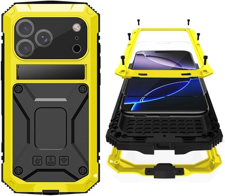 for iPhone 17 Pro Max Metal Military Heavy Duty Case, Metal Bumper Shockproof Dustproof Rugged Tough with Stand Screen Protector Camera Control Full Body Drop Protective Cover (Yellow)