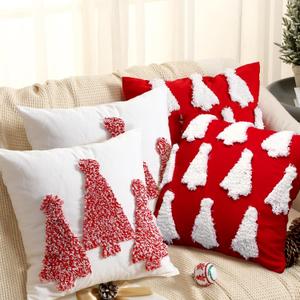 HunnmingRe Set of 4 Red and White Christmas Pillow Covers 18x18 Inch Tufted Embroidered Pine Tree Throw Pillows Cover Farmhouse Winter Holiday Cushion Case for Sofa Couch Bed Room Home Decorations