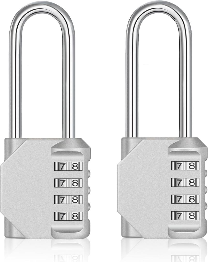 ZHEGE Long Shackle Padlock 2 Pack, 4 Digit Combination Lock, Resettable Weatherproof Combo Lock for School, Gym, Employee Locker, Outdoor, Fence