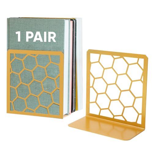 GEOMOD Geometric Honeycomb Gold Metal Bookends Decorative - Tall Sturdy Book Ends for Shelves - Modern Heavy Duty Bookend Stopper - Office or Home Book Shelf Book Holder - 6x3.25x6.25 Inches - 1 Pair