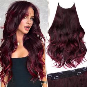 KooKaStyle Invisible Wire Hair Extensions Long Wavy Layered Synthetic Hair Extensions with Transparent Wire Adjustable Size 6 Secure Clips Ombre Burgundy mix Black Hairpieces for Women 20 Inch