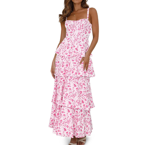Fisoew Womens Floral Maxi Dresses Spaghetti Strap Casual Sleeveless Ruffle Flowy Tiered Dress, Size M