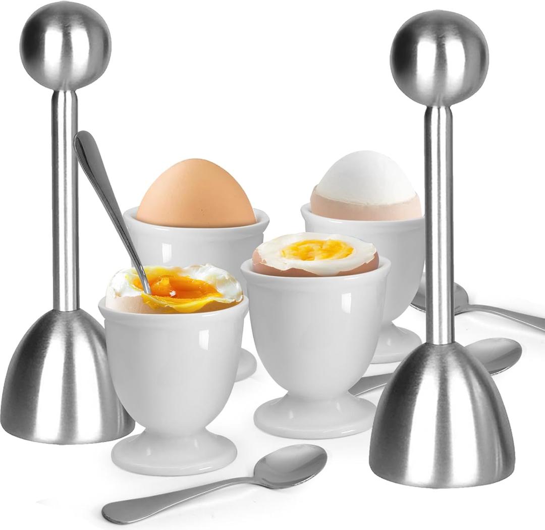 vibedor Egg Cups and Egg Cracker Set for Soft Boiled Eggs, 2 Stainless Steel Egg Cutter, 4 Stainless Stain Spoons and 4 Ceramic Egg Stands in Kitchen, Parties for Breakfast, Host