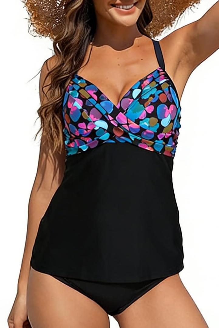 Halcurt Women's Twist Front Tankini Swim Top Only V Neck Loose Fit Bathing Suit Push Up Swimsuit Top Multicolor Dots S