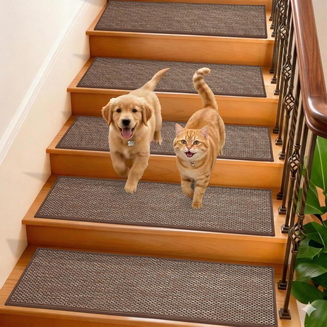 GROWLING Linen Stair Treads for Wooden Steps Indoor 36x9 inch, 15pcs Upgraded Self Adhesive Backing Non Slip Stair Carpets, Peel and Stick Stair Runner Rugs, Reusable Staircase Step Treads(Brown), 9x36 Inch