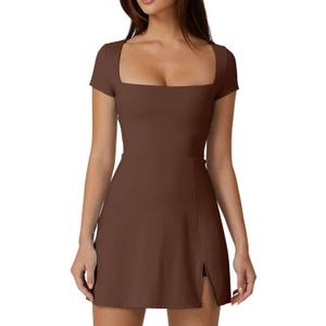 QINSEN Short Sleeve Athletic Dress for Women High Waist Side Slit Tennis Dress Built in Shorts Golf Active Dress Chestnut S