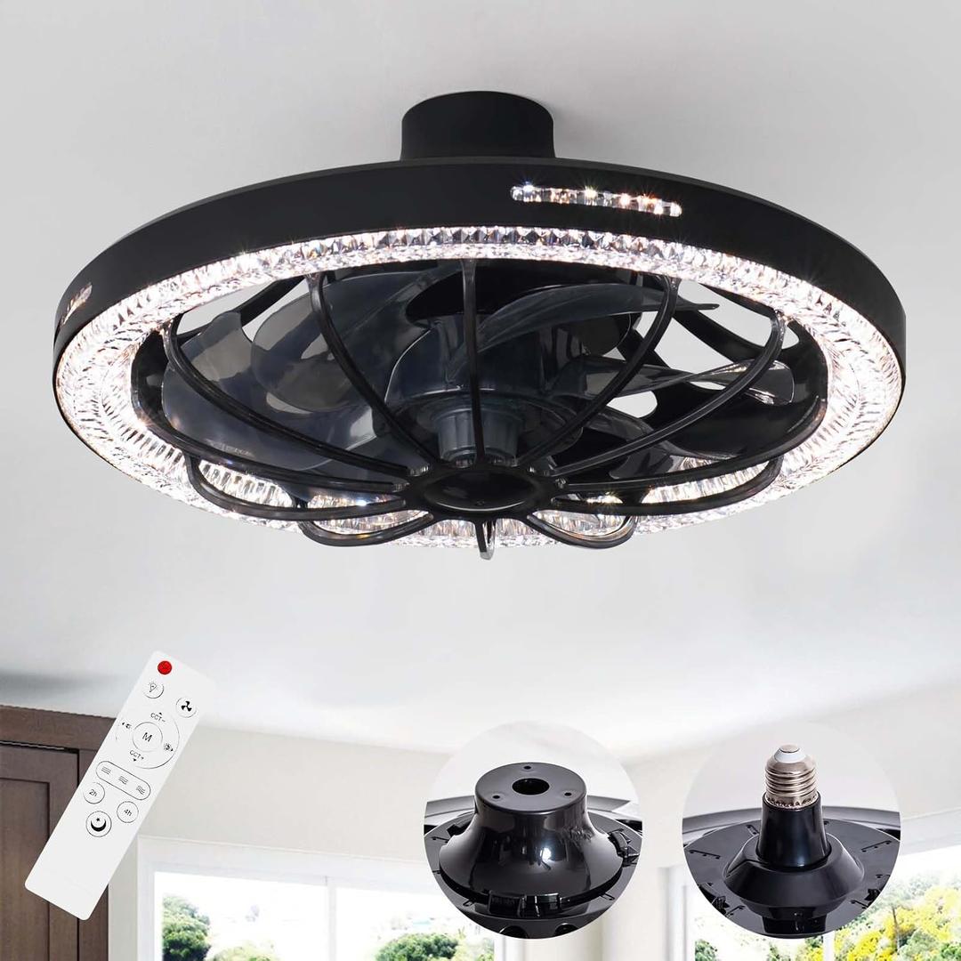 Socket Fan Light with Remote, 13 inch Socket Ceiling Fan with Dimmable Led Light, 3 Colors 3000K-6500K, 3 Speeds, Flush Mount Ceiling Fans with Lights for Bedroom, Kitchen, Living Room-Black