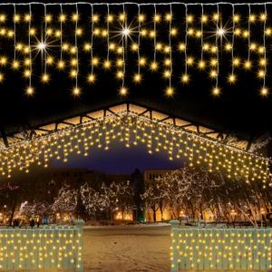 Christmas Icicle Lights Outdoor Decoration, Warm White LED String Lights Lights 8 Modes, 30FT 300LED Hanging Twinkle Fairy Light 60 Drops for Roof Window Home Party Garden Yard Christmas Decoration