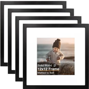 KINLINK 12x12 Picture Frame, Black Square Solid Wood Frames for Pictures 8x8 with Mat or 12x12 without Mat, Wall Display Photo Frames Black 4 Pack