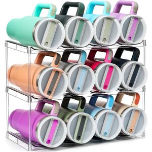 Design for Stanley 40 OZ & Large Bottles & Tumblers with Handle - Acrylic Water Bottle Organizer - Stackable Clear Wine Rack Cup Holder for Home Kitchen Pantry Shelf Countertop Cabinet, 3 Tier Hold 12