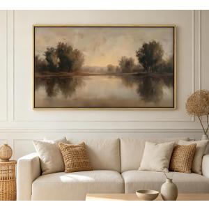 Large Framed Neutral Landscape Wall Art, Country Riverside Canvas Print