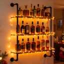 32" Wine Rack Wall Mounted with LED Lights, 3-Tiers Wall Bar Shelves | Solid Wood, Rustic Industrial Pipe Floating Shelves for Home, Restaurant, Commercial Bar, Kitchen Storage Display