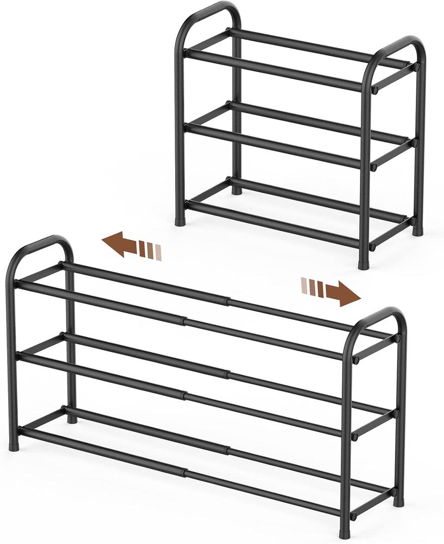 Gonfoam 3-Tier Expandable Shoe Rack, Adjustable Shoe Shelf Storage Organizer Heavy Duty Metal Free Standing Shoe Rack for Entryway Closet Doorway (Black)