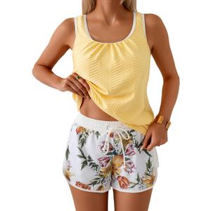 Aidonger Women's Tankini Swimsuit Modest Two Piece Bathing Suit Tummy Control Athletic Blouson Tank Top with Short Bottoms (XX-Large, Light Yellow Print)