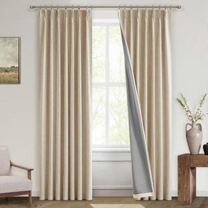 MIULEE Linen Pinch Pleated 100% Blackout Curtains for Bedroom 90 Inch Long 2 Panels Set - Back Tab Track Black Out Curtain for Living Room Darkening Triple Pleat Drapes with Hooks, Oatmeal