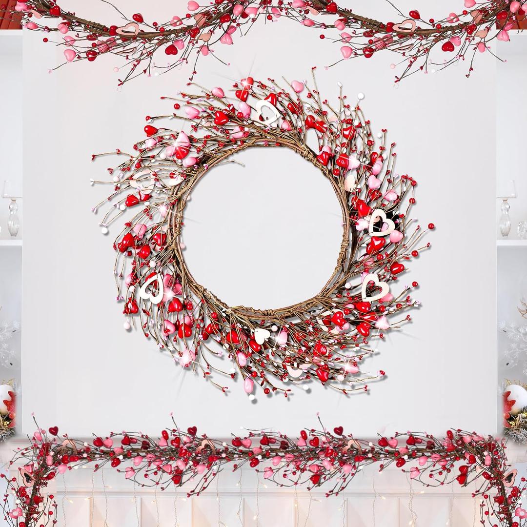 Hotop 6 Feet Valentine's Day Berry Garland Red Pink Galentines Day Artificial Garland with Handmade Foam Hearts Decorations for Mantle Fireplace Valentines Heart Table Decor Wedding Wreath DIY Craft