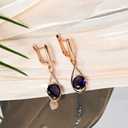 14k Rose Gold Plated Dark Purple Round Rhinestones Teardrop Earrings Dangle Hypoallergenic Stone Earrings for Women