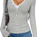 LOFAAC Women Y2K Deep V Neck Lace Trim Ribbed Knit Pullover Top Casual Slim Fit Button Down Ruched Long Sleeve Shirts (Small, Gray)
