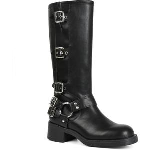 AMINUGAL Knee High Boots Women Square Toe Pull On Wide Calf Riding Fashion Buckles Chunky Metallic Casual Vintage Buckle Rivet, Size 7.5