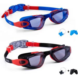 Aegend Kids Swim Goggles, Pack of 2 Swimming Goggles for Children Boys & Girls Age 3-14 (Black-red & Blue-red)
