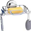 LEVERLOC Soap Holder Dish with Hooks for Shower, Bar Suction Cup Soap Caddy Wall Mounted, Stainless Steel NO-Drilling Removable Sponge Holder for Bathroom Bathtub Kitchen Sink, Silver