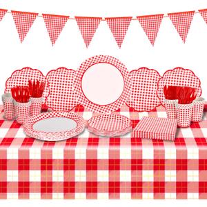 Gatherfun Gingham Red and White Party Supplies Disposable Paper Plates Napkins Cups Knives Spoons Forks Tablecloth Banner for Birthday Party Family Dinner Picnic Barbecue Mother's Day Party, Serve 25