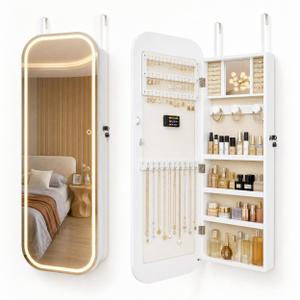 Fiqevs Wall/Door Mirror Jewelry Cabinet, Mirror with Storage and Light